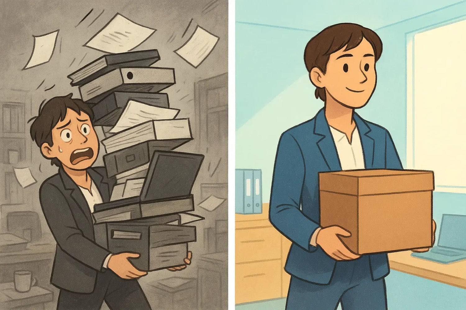 Split illustration showing a stressed worker juggling tasks in chaos versus calmly carrying one box in an organised space.