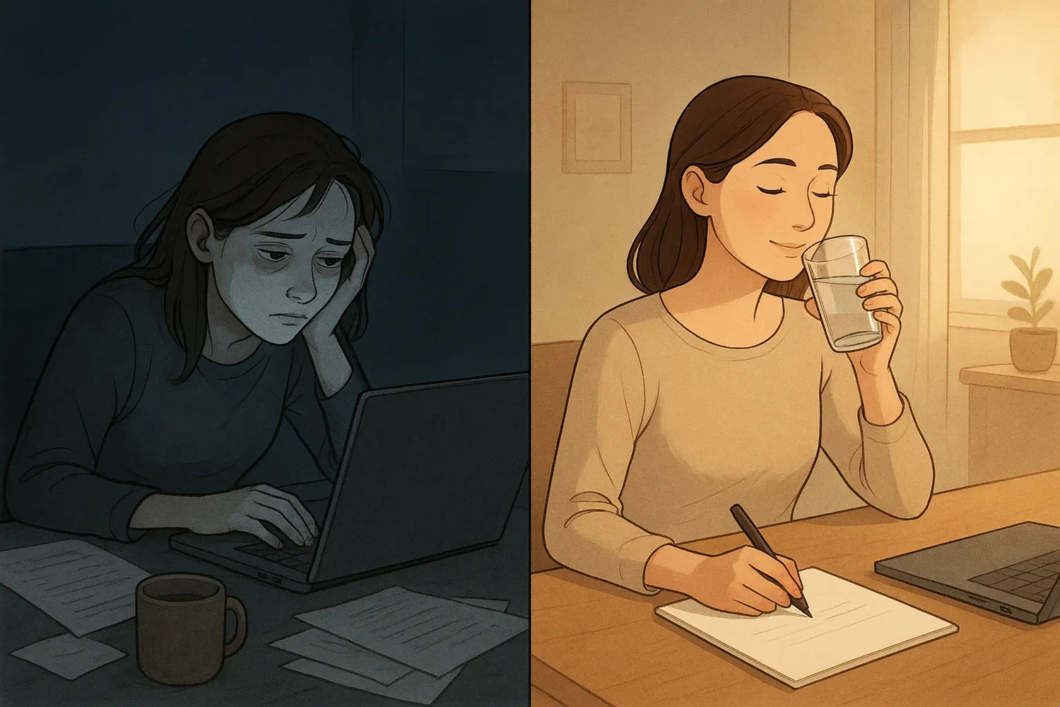 Split panel showing transformation from overwhelmed woman at messy desk to calm, focused woman with water at tidy desk
