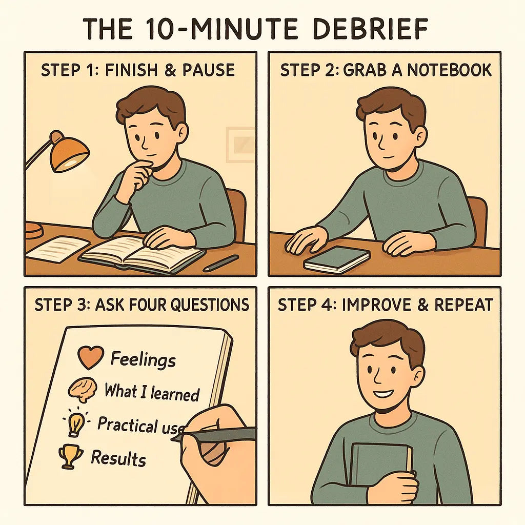 Four-panel comic showing a student completing a 10-minute post-study debrief, from pausing to reflect through writing four key questions to feeling confident and prepared