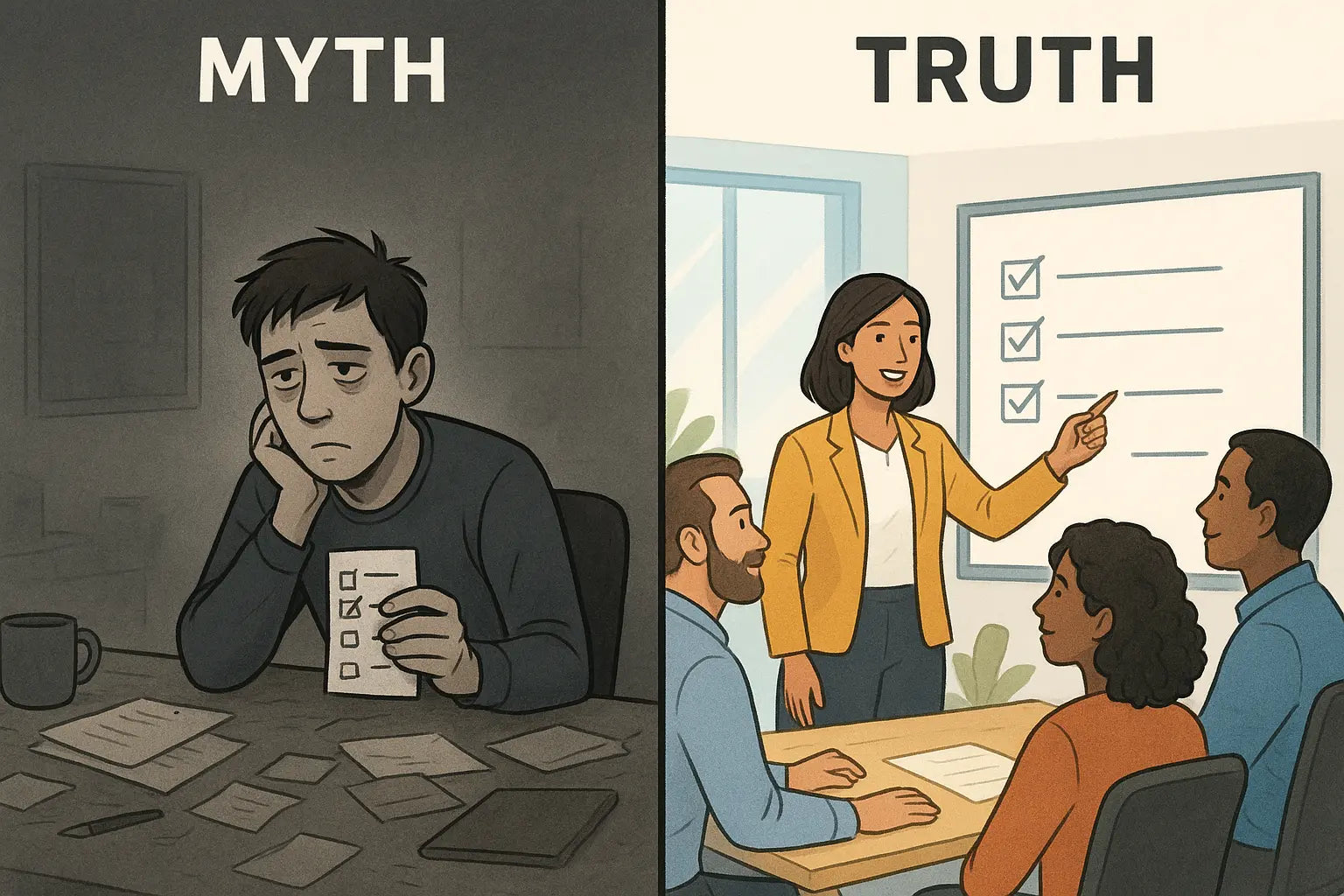 Split image showing a stressed worker with a hidden checklist versus a confident team collaborating around a visible whiteboard checklist