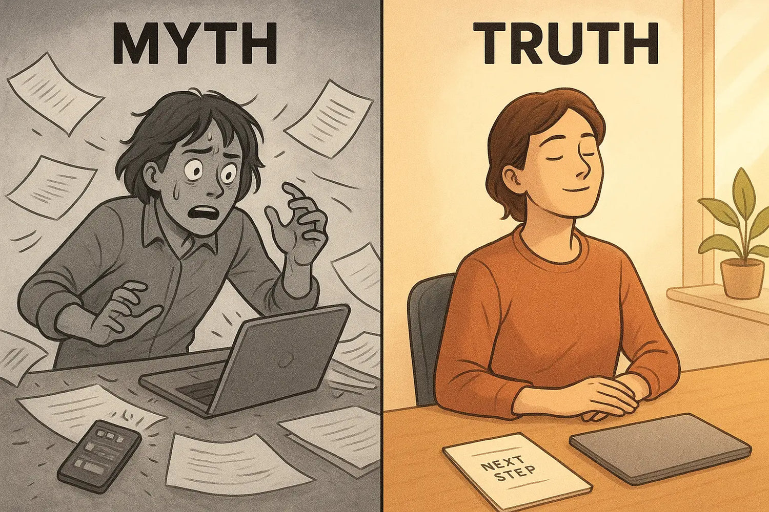 Side-by-side illustration showing chaotic task switching versus calm, mindful transition with a peaceful pause