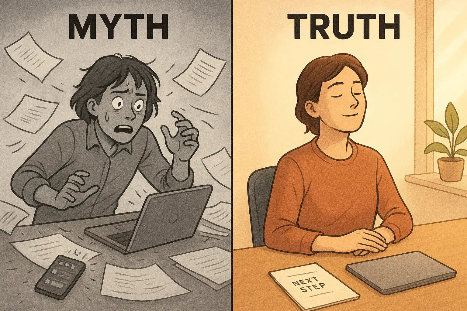 Side-by-side illustration showing chaotic task switching versus calm, mindful transition with a peaceful pause