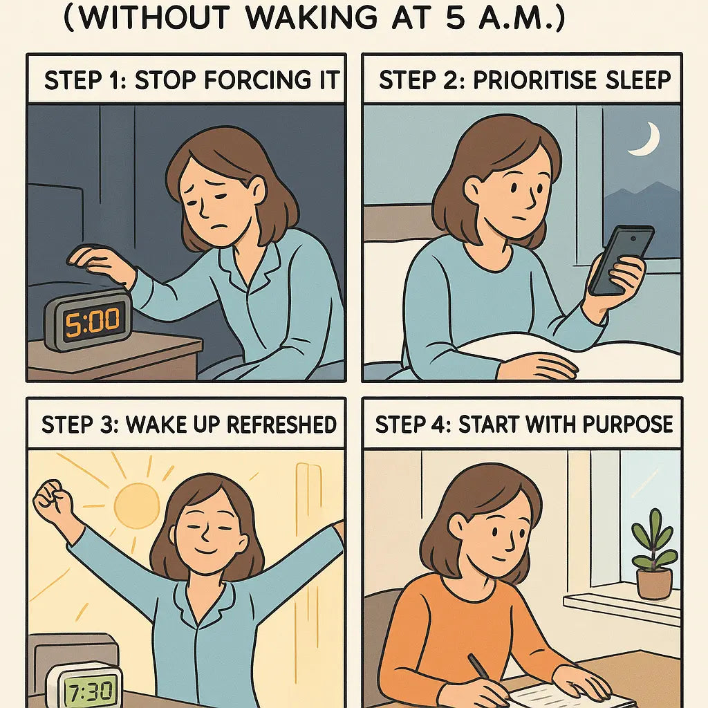 Four-panel comic showing a woman's transformation from forcing a 5 a.m. wake-up to prioritising sleep and starting her day with calm purpose.