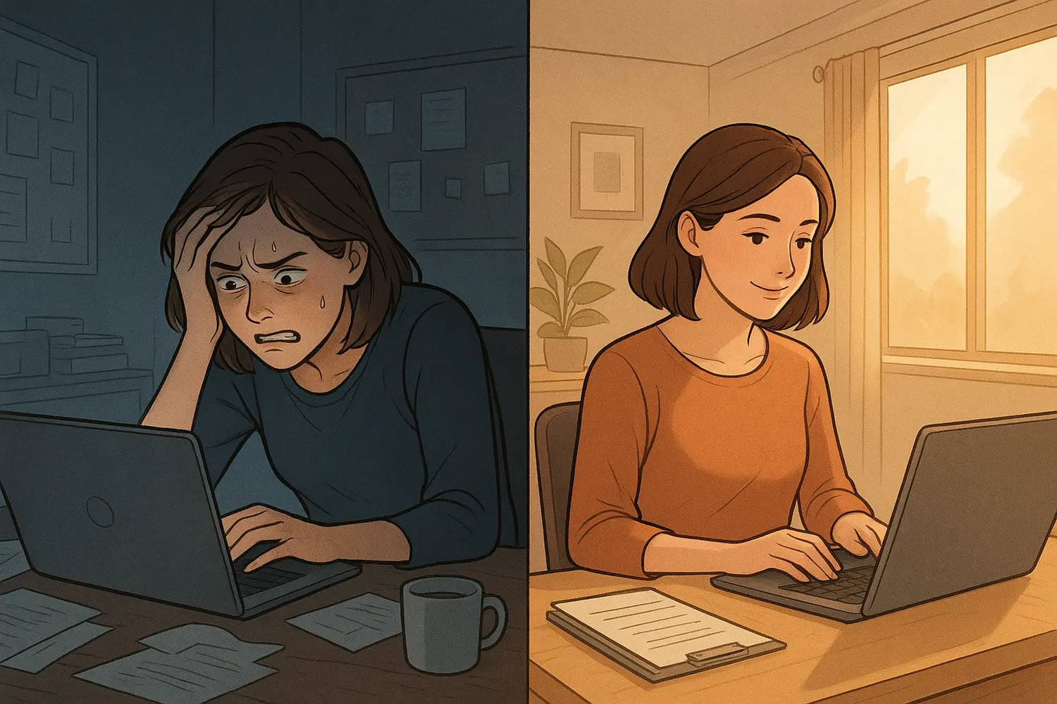 Split panel showing a woman stressed on a video call in a cluttered office, then calm and focused at an organised desk with checklists.