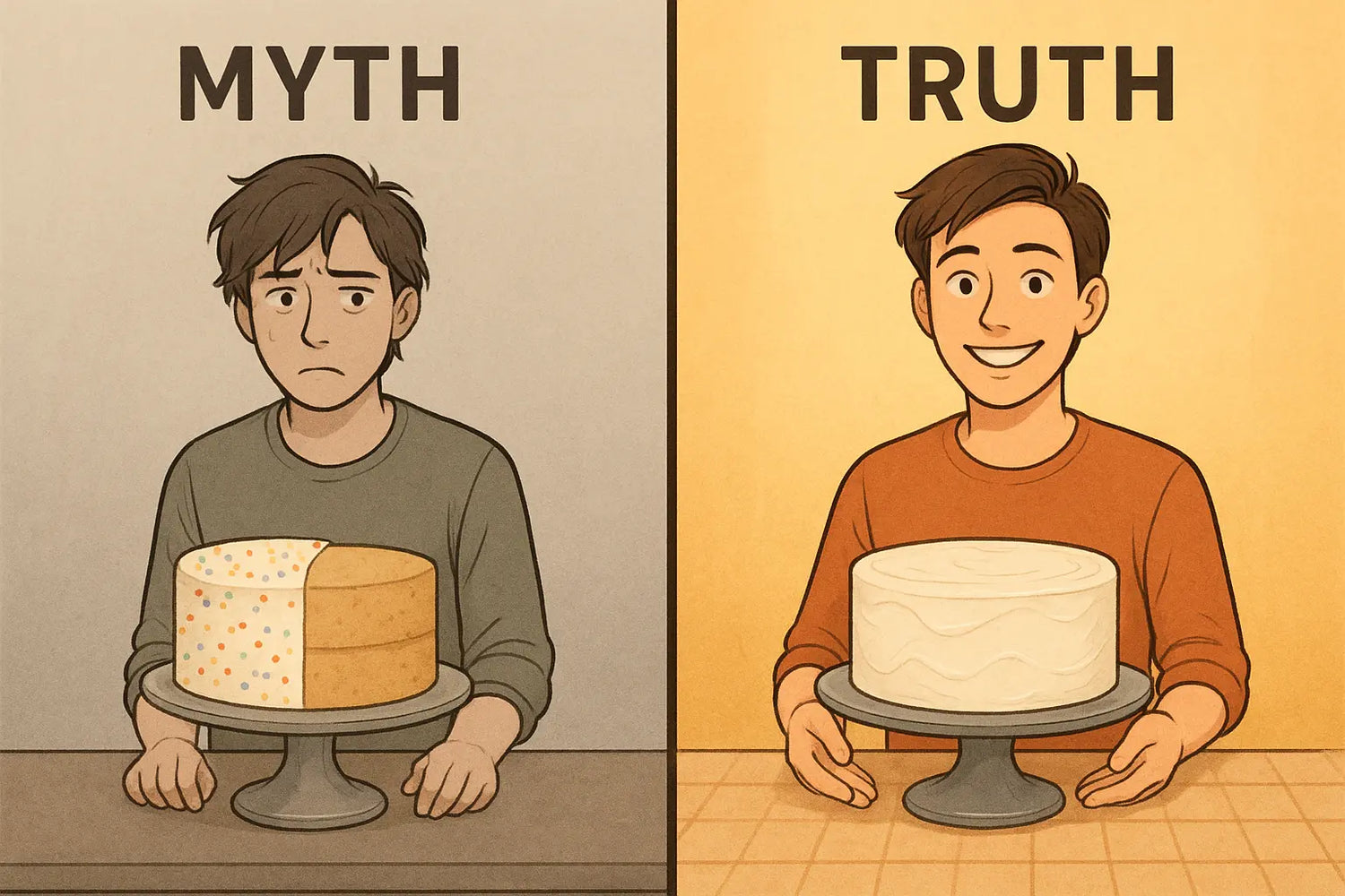 Student confidently presenting a fully frosted cake, comparing incomplete versus complete argument support through a visual metaphor