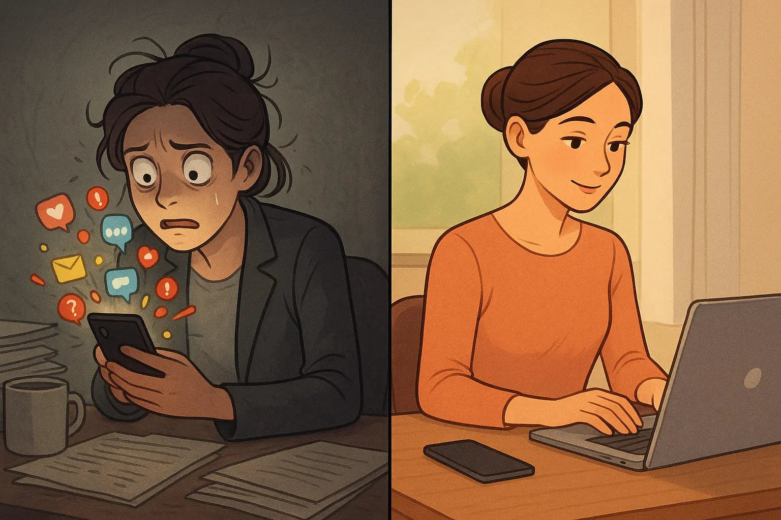 Split comparison showing a stressed woman overwhelmed by phone notifications versus a calm, focused woman with her phone silenced.