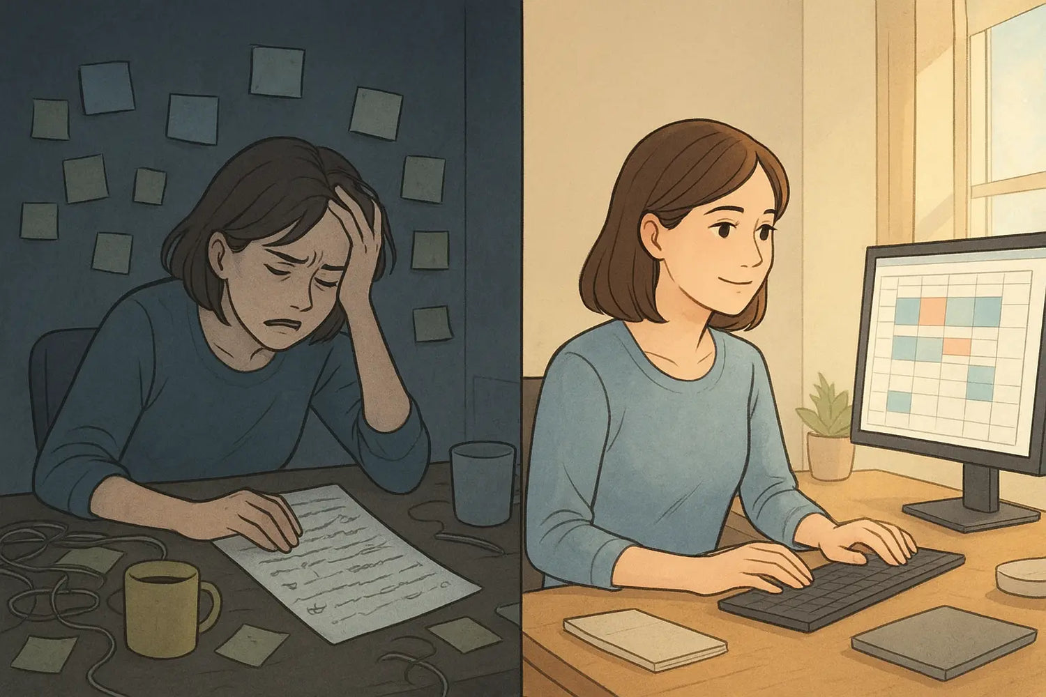 Split panel showing transformation from overwhelmed woman with messy to-do list to calm woman with organised colour-coded digital calendar