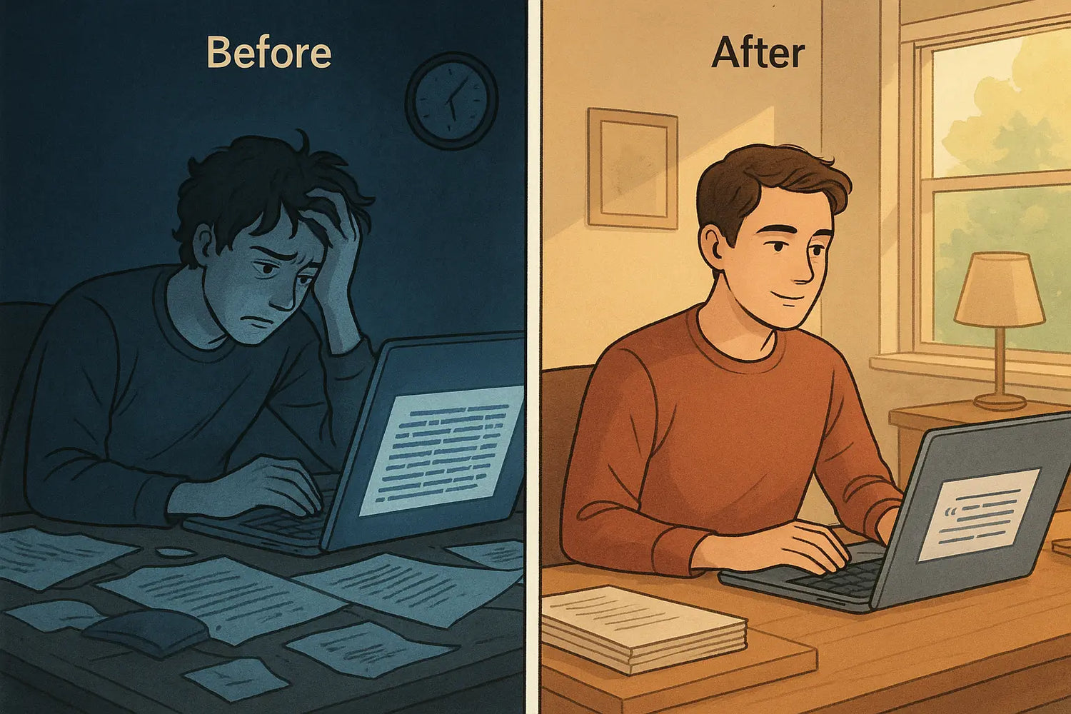 Split panel showing student transformation from frustrated with quote overload to confident with integrated quotes in essay