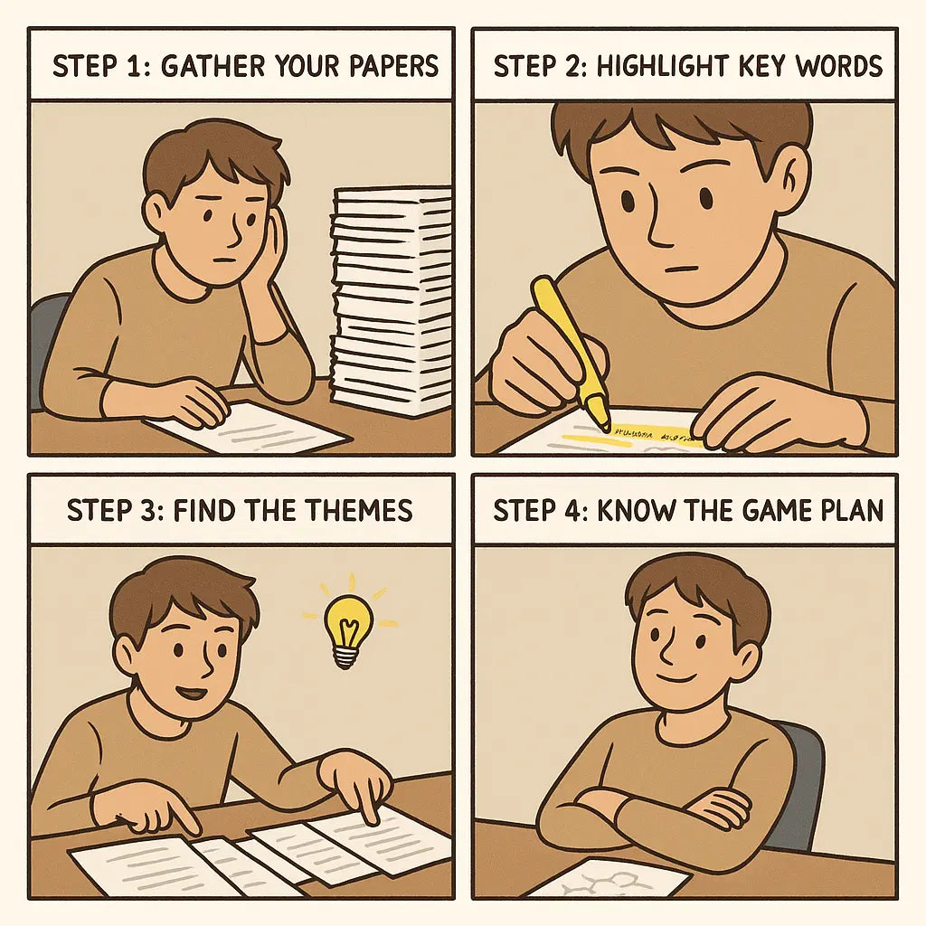 Four-panel comic showing university student transforming from overwhelmed to confident by analysing past exam papers and spotting patterns