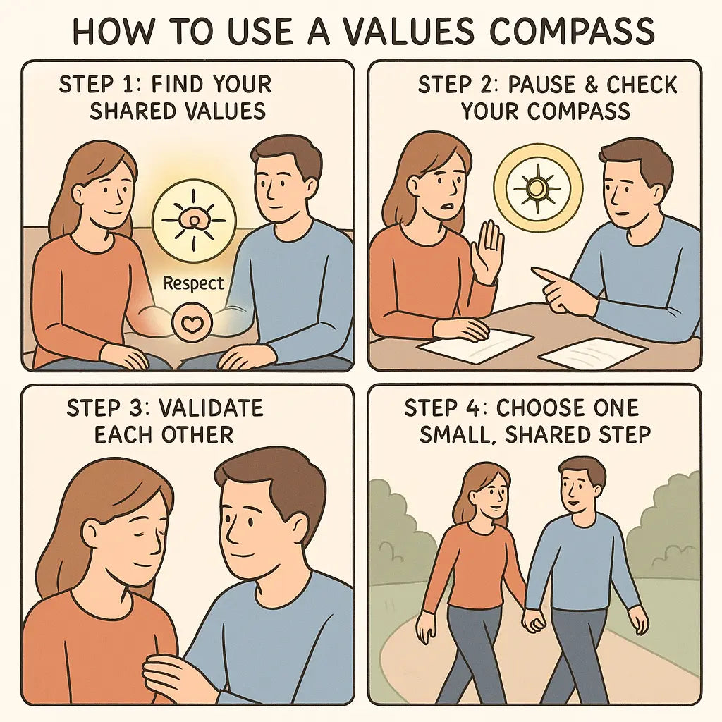 A four-panel comic showing a couple using a values compass to navigate disagreements, featuring steps from identifying shared values to choosing a small step forward together.