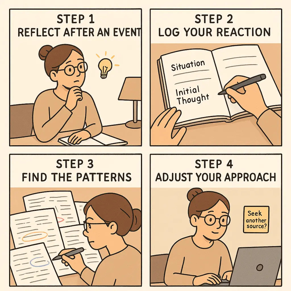 Four-panel comic showing a woman creating a bias log: reflecting, writing reactions, finding patterns, and adjusting her thinking approach.