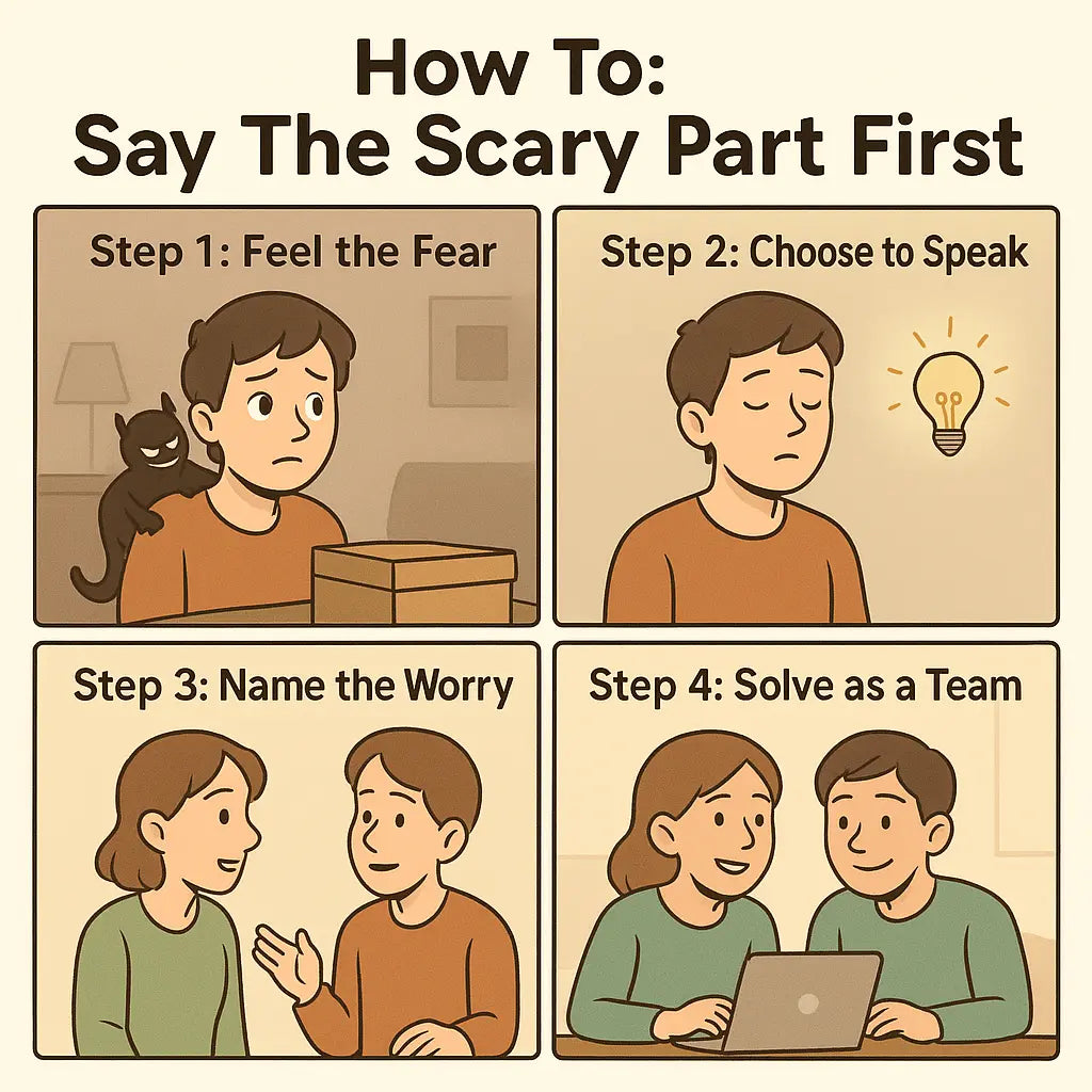 Comic strip showing a person overcoming anxiety to communicate openly with their partner, transforming worry into teamwork