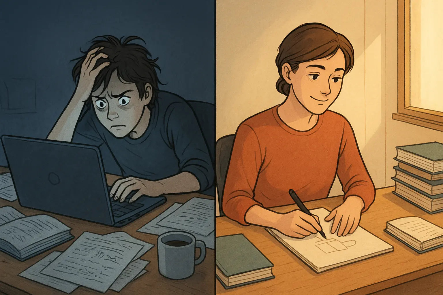 Split illustration showing student transformation from overwhelmed research chaos to calm, organised outline creation
