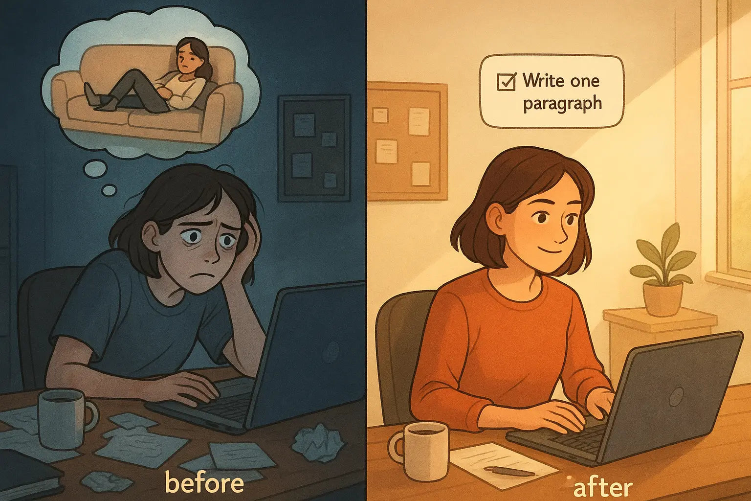 Before-and-after transformation showing a woman moving from overwhelmed procrastination at a messy desk to focused productivity at a tidy desk