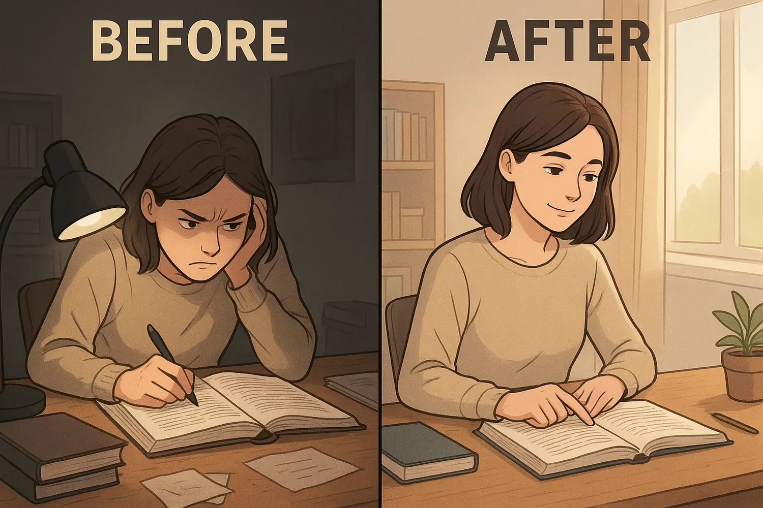 Student transformation: from frustrated re-reading to calm, focused reading with a visual pacer in a bright, organised room.