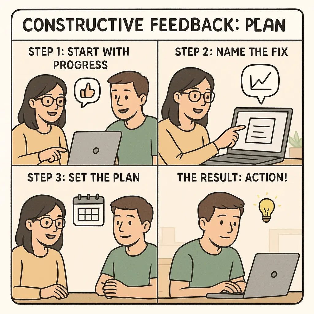A four-panel comic strip showing two students using a three-step feedback method: starting with progress, naming the fix, and setting a plan.