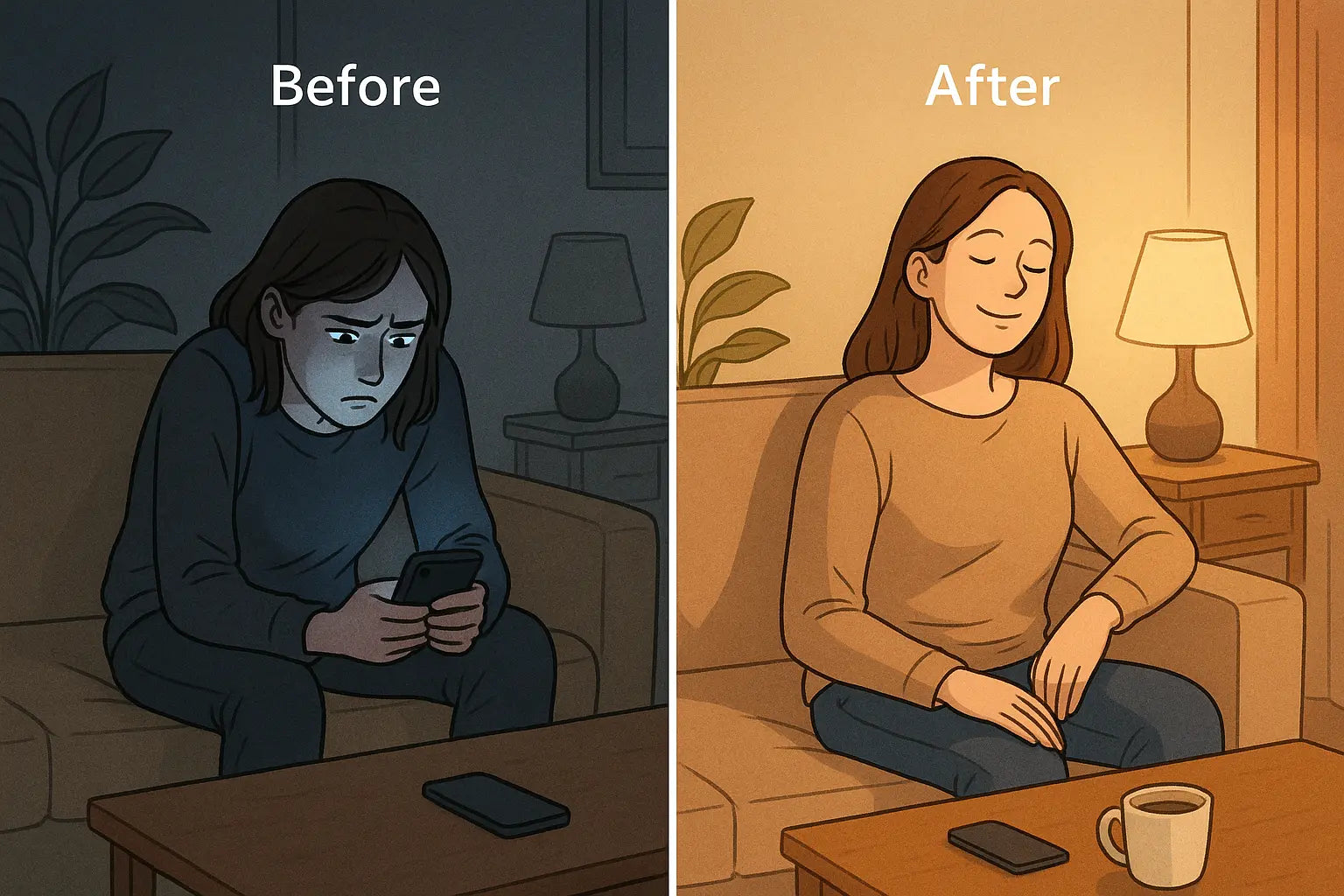 Woman transforming from anxiously checking her buzzing phone to calmly relaxing in a warmly lit living room with her phone set aside.