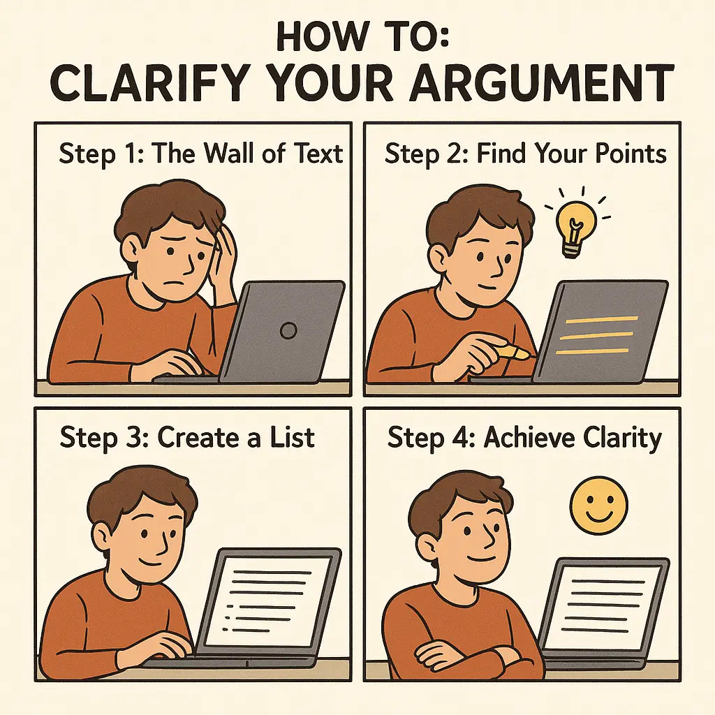 A four-panel comic strip showing a university student transforming a dense paragraph into a clear list, achieving essay clarity.