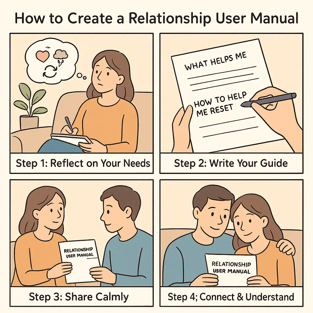 A woman creating and sharing a relationship user manual with her partner, leading to deeper understanding and connection.