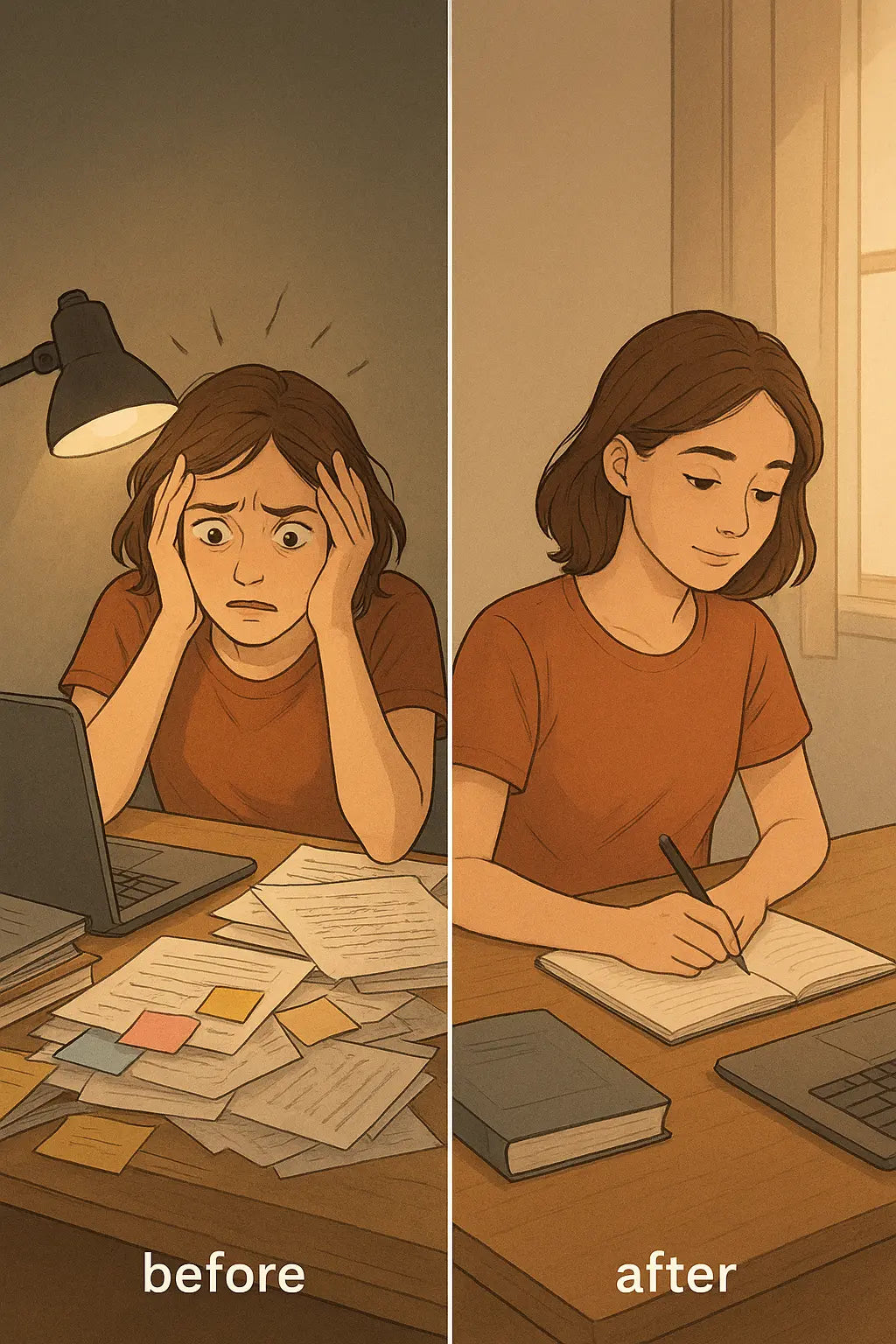 Split panel showing student transformation from cluttered, stressed workspace to organised, focused study environment