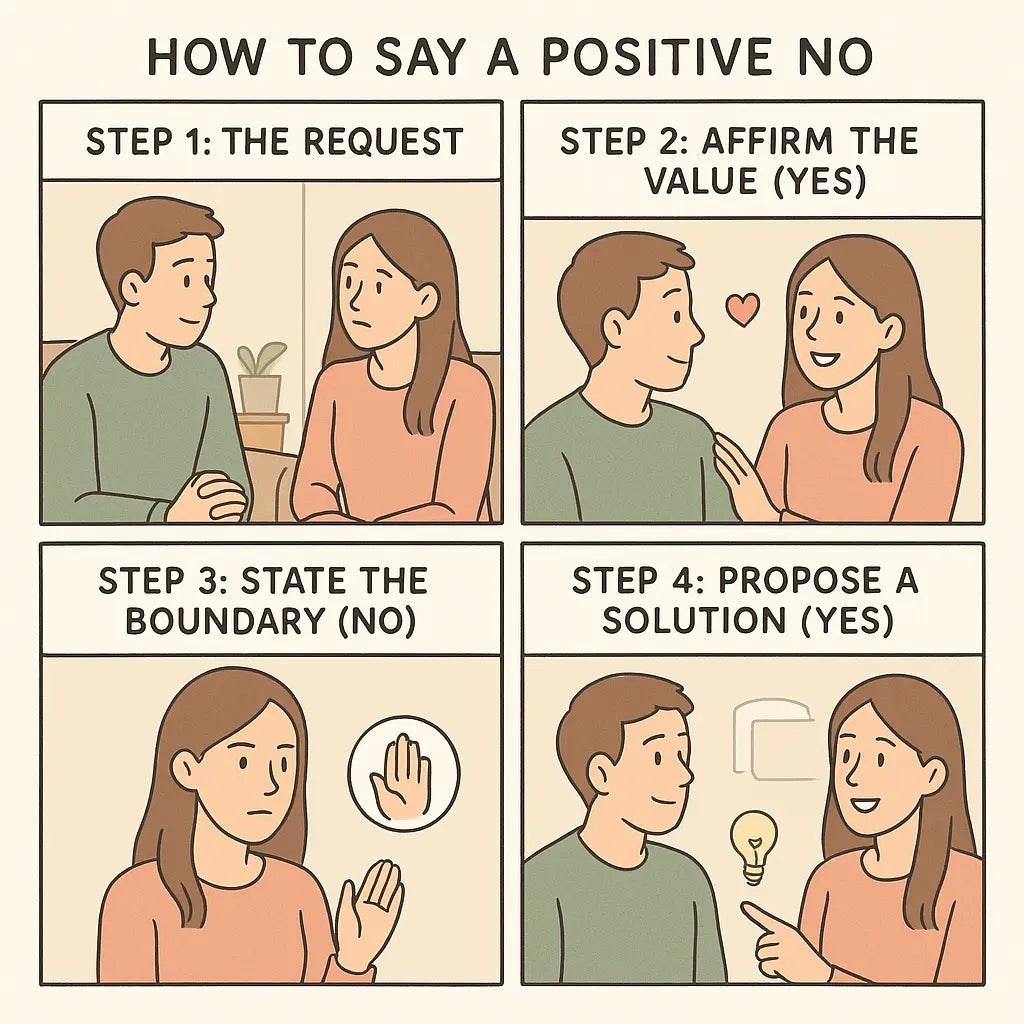 Four-panel comic showing a woman using the Positive No technique to set a boundary with her partner calmly and constructively.