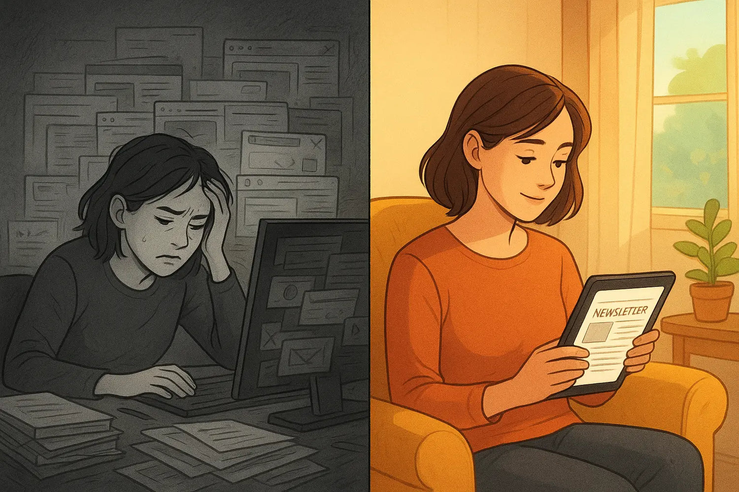 A woman transforms from stressed at a cluttered desk to calm in an armchair, reading a clean newsletter on a tablet.