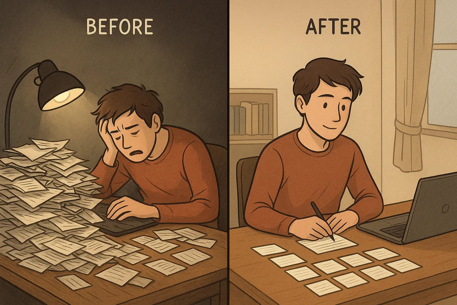 Before and after illustration of a student's desk transformation from chaotic note clutter to organized calm workspace with neat note arrangement