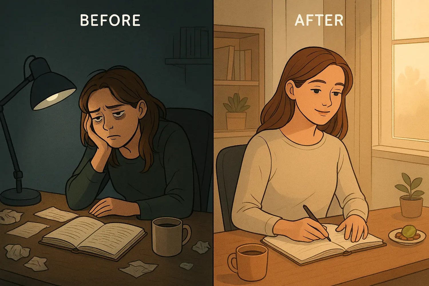 Woman transformed from overwhelmed at messy desk to calm and organised, writing peacefully in her journal