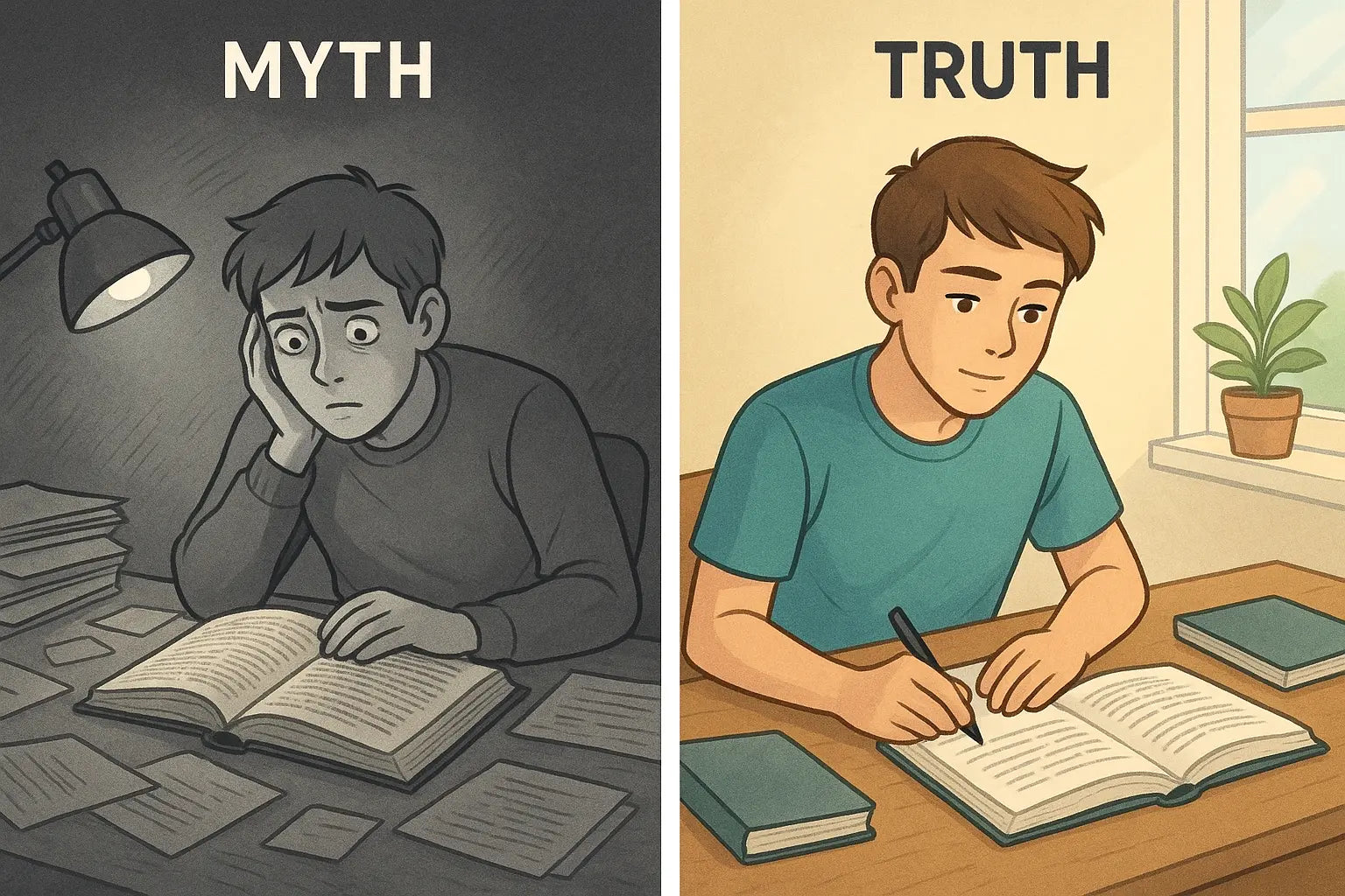 Split illustration showing chaotic reading versus organised pre-reading approach with focused student preparing effectively