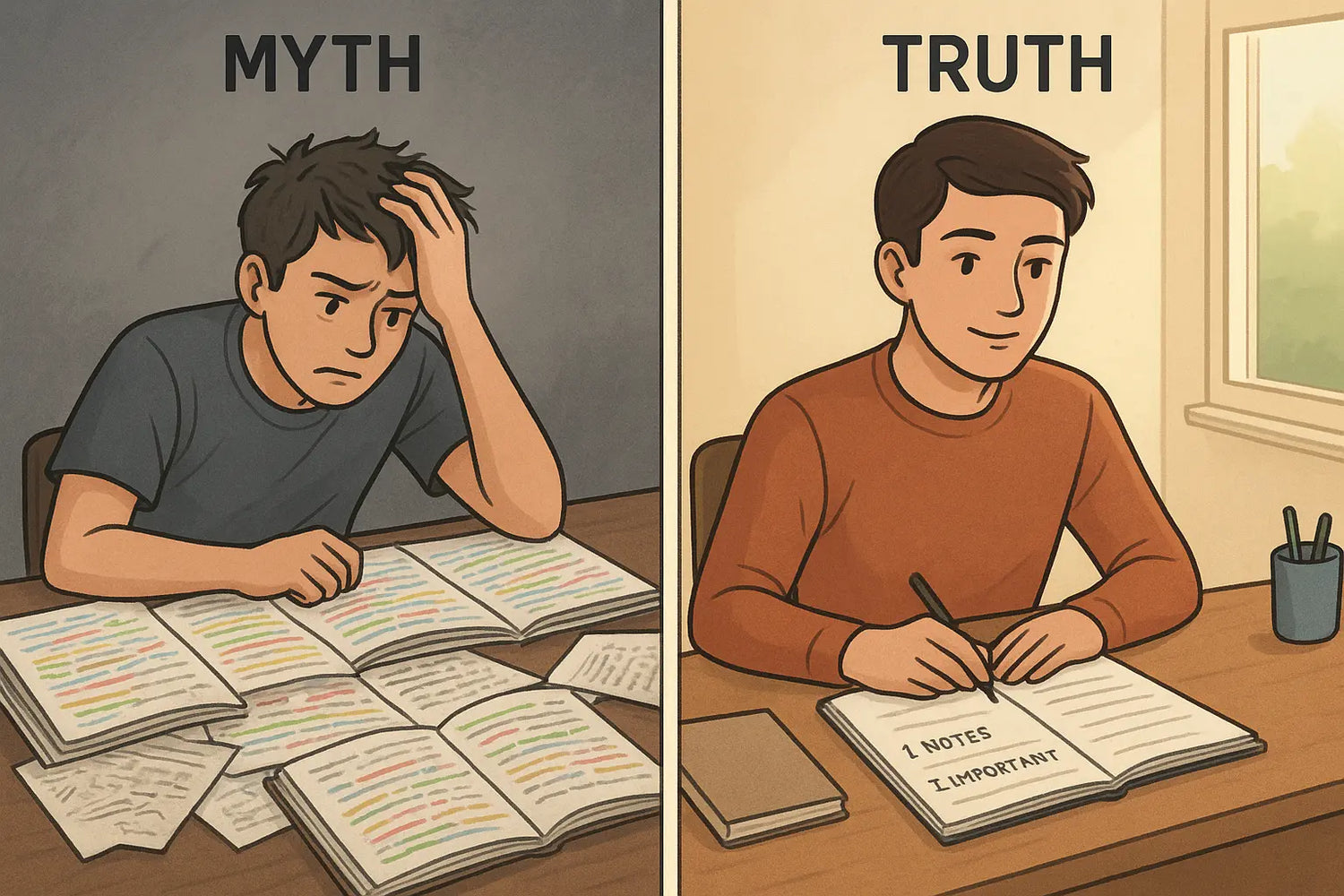 Split illustration showing stressed student with messy highlighted notes versus calm student with organised three-part note system