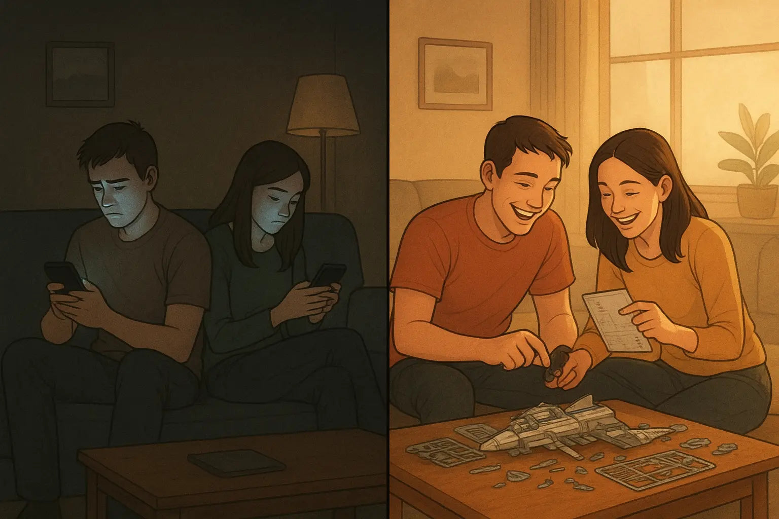 Split illustration showing a couple's transformation from sitting apart on phones to laughing together while building a model kit