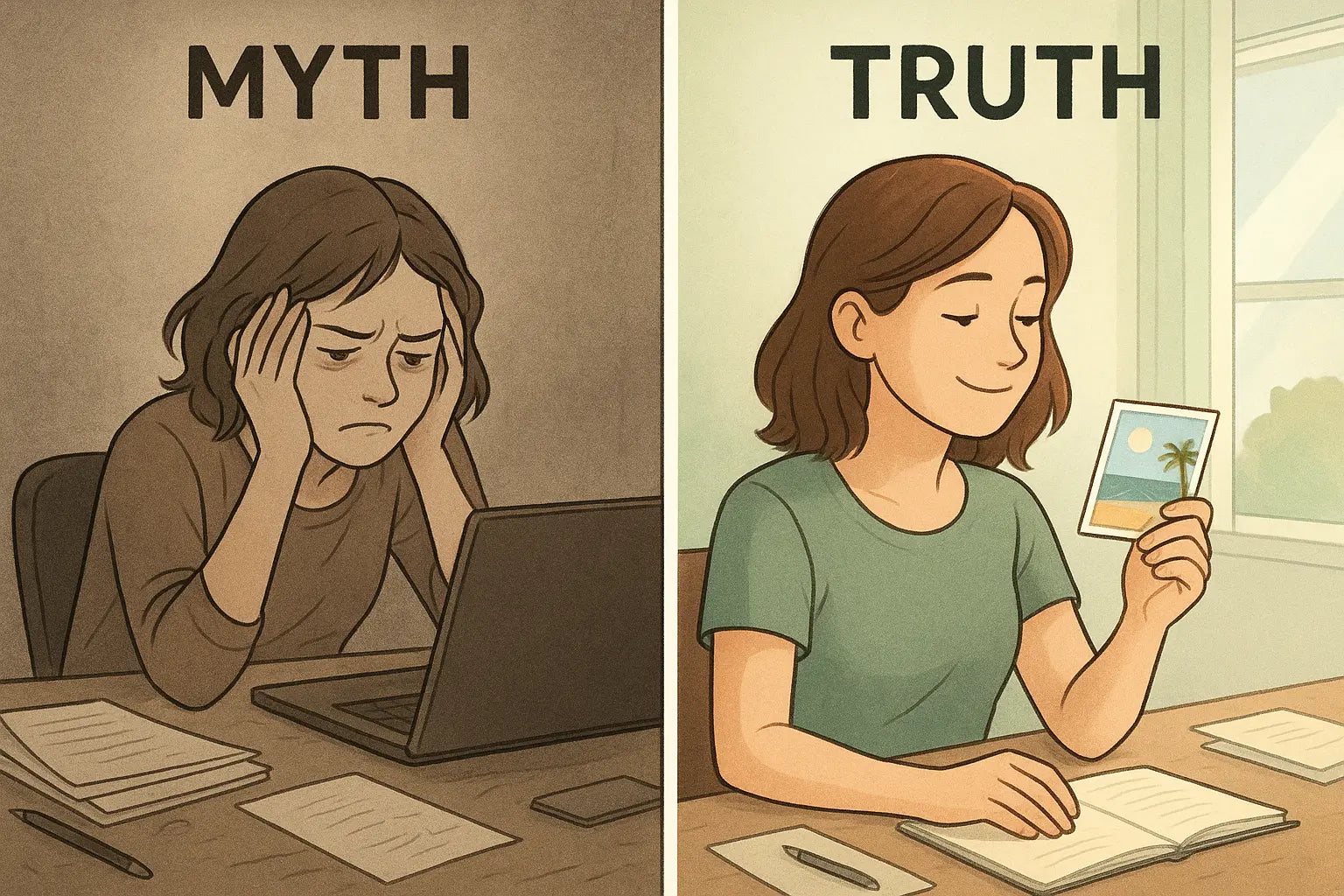 Side-by-side comparison showing a woman struggling with willpower on the left, and calmly using a visual reminder photo to regain focus on the right