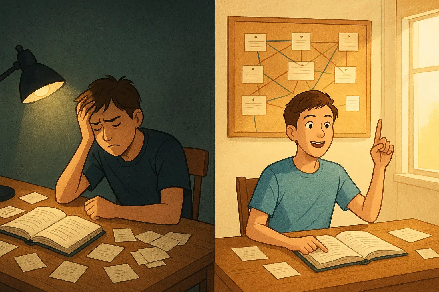 Student transformation from overwhelmed by scattered notes to inspired by a connected web of ideas on a board