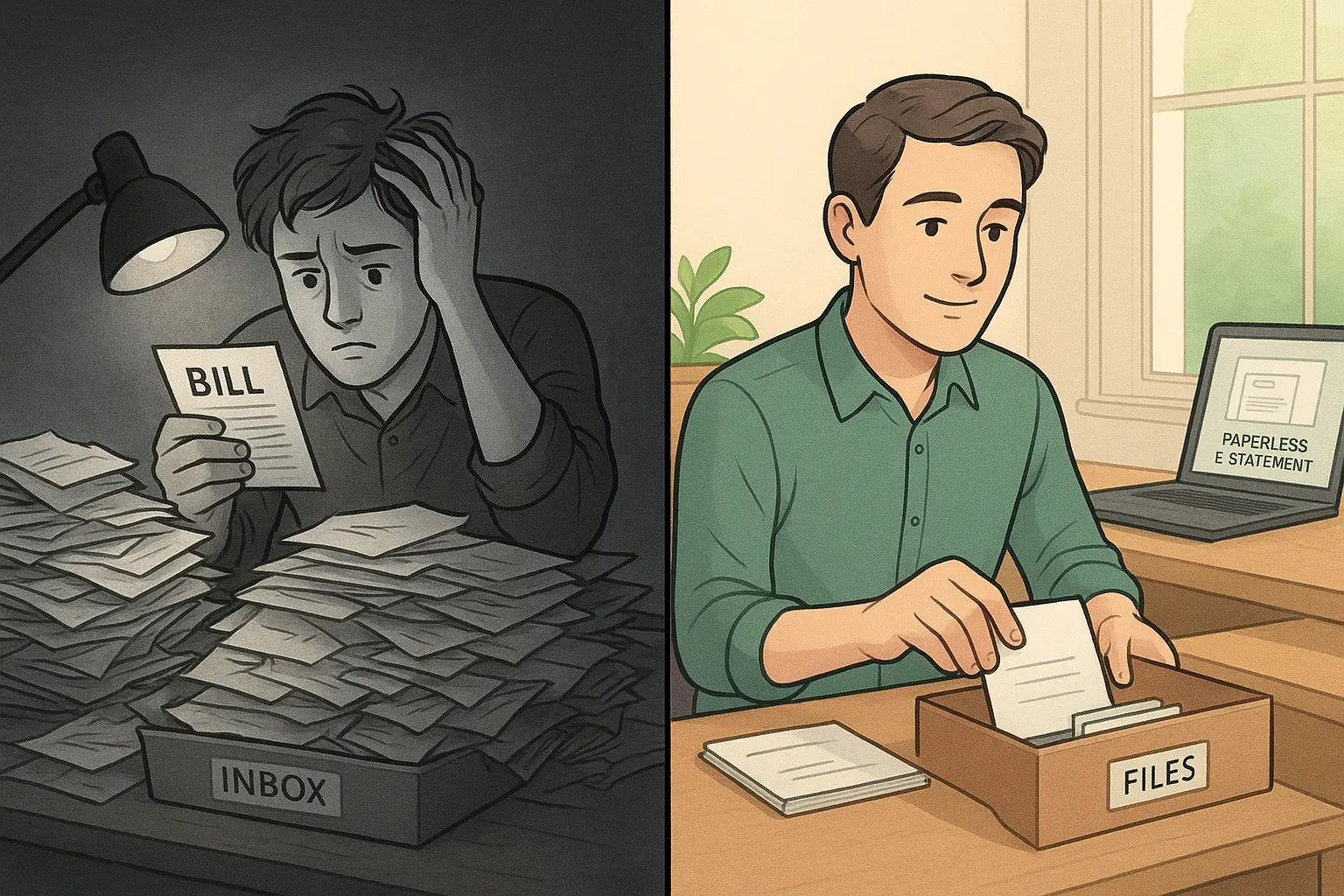 Split illustration showing cluttered desk with overwhelmed person on left, organised clean workspace with calm person on right