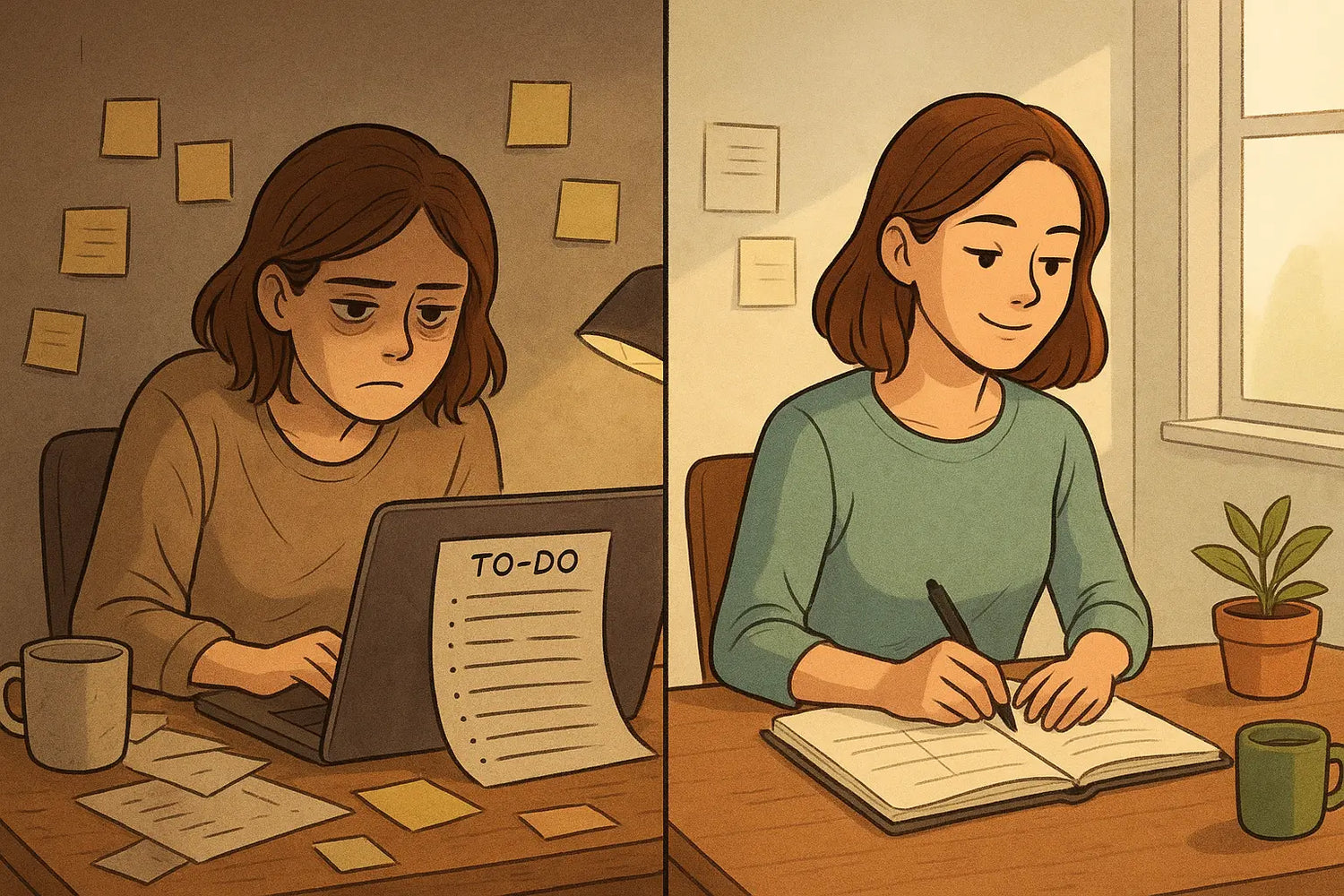 Split-panel illustration showing a woman's transformation from chaotic desk with overwhelming to-do list to organised workspace with four-box task system