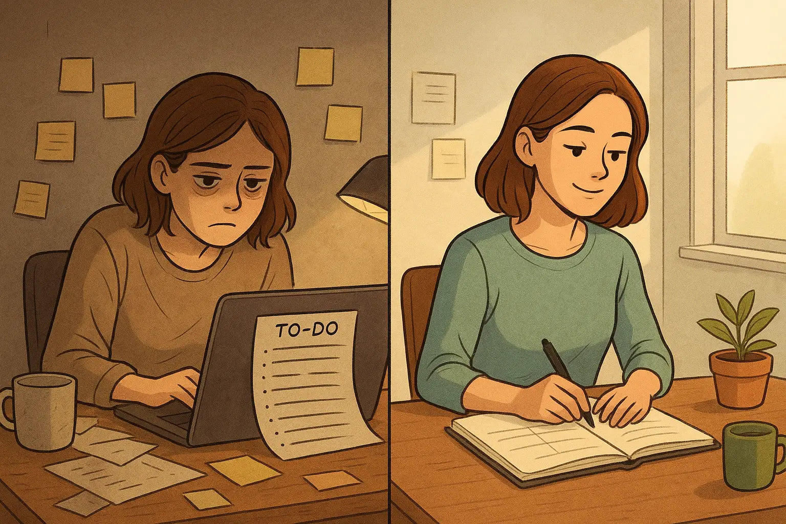 Split-panel illustration showing a woman's transformation from chaotic desk with overwhelming to-do list to organised workspace with four-box task system