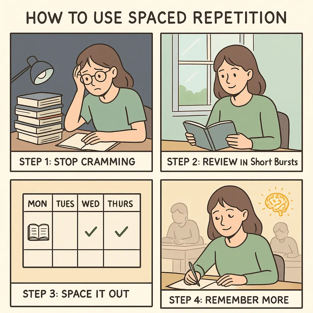 Woman calmly reviewing notes by window, demonstrating spaced repetition study technique