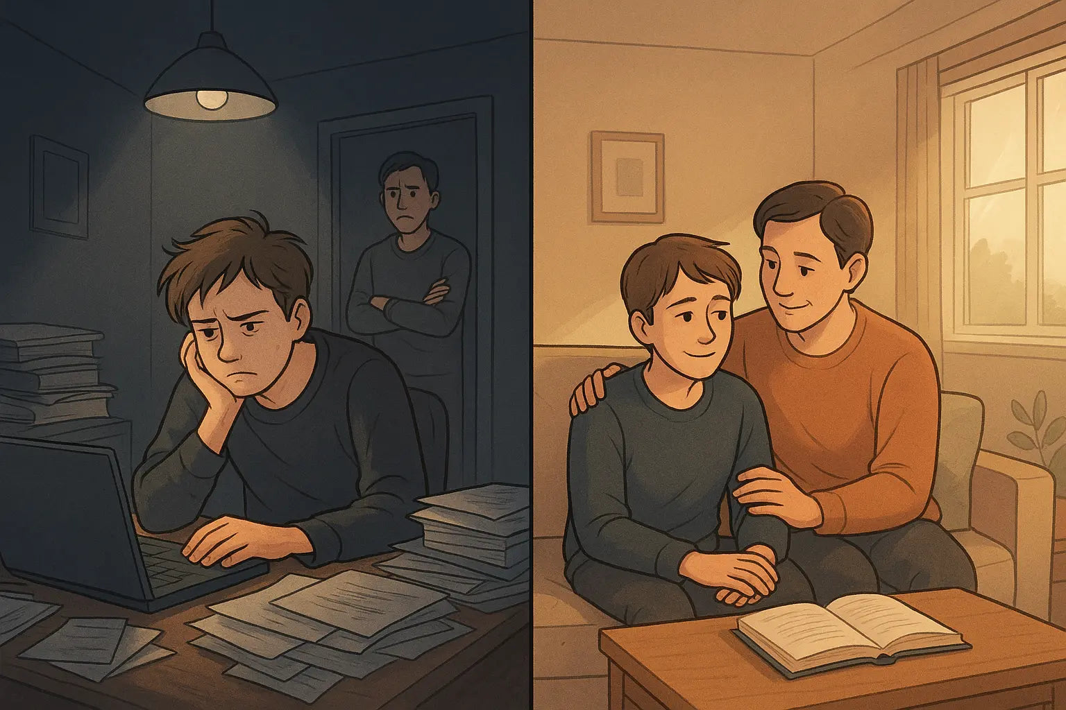 A split image showing a stressed student at a messy desk transforming into a calm moment of connection with a parent on a sofa in warm light.
