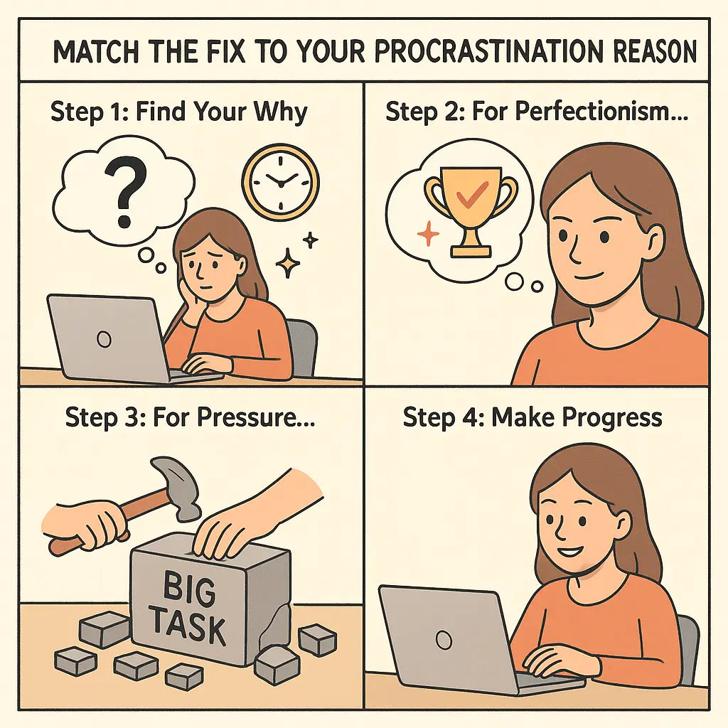 A four-panel comic showing a woman identifying her procrastination reason and applying the matching strategy to start making progress on her task.