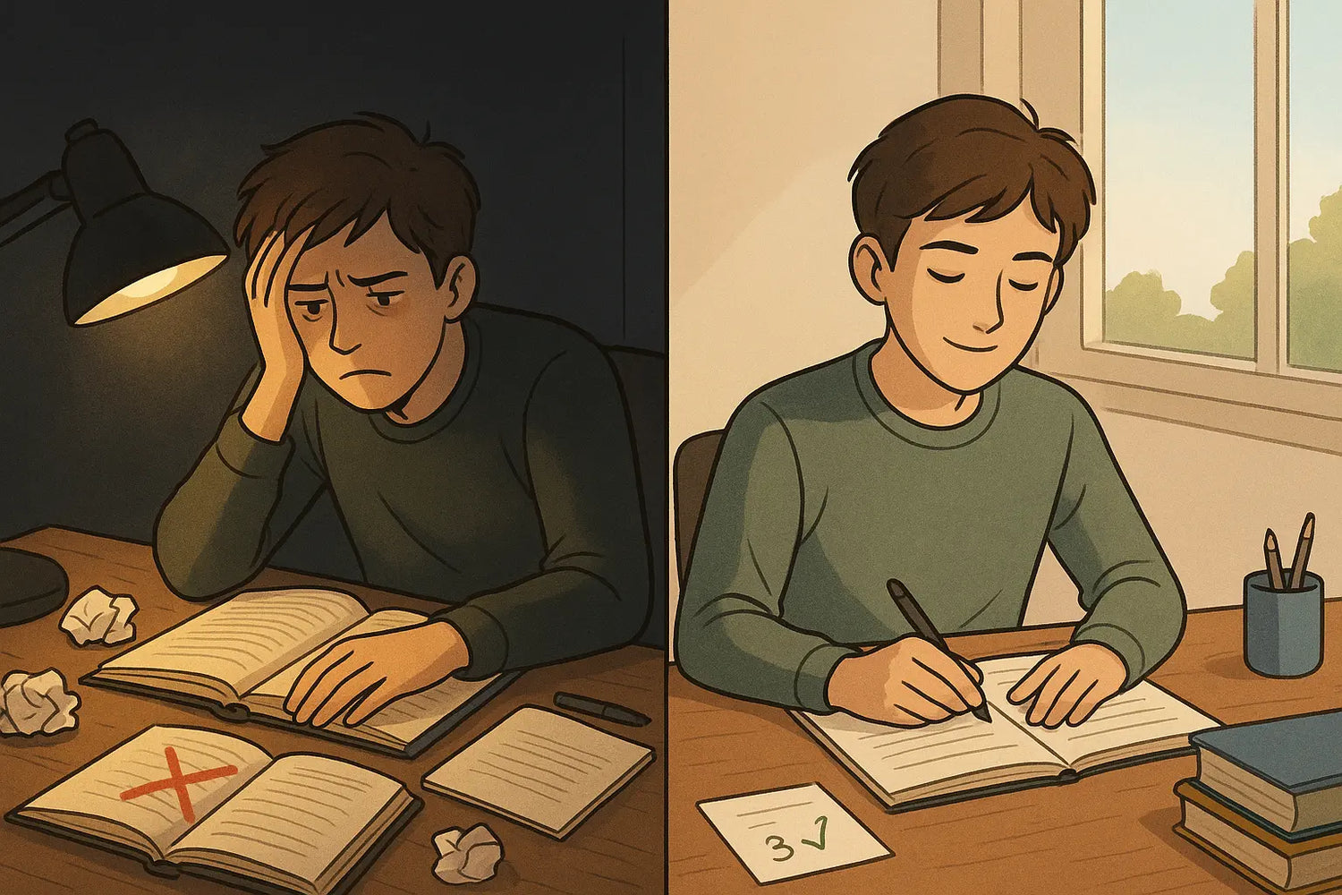 Student transformation from frustrated studying to confident mastery using confidence rating method at organised desk