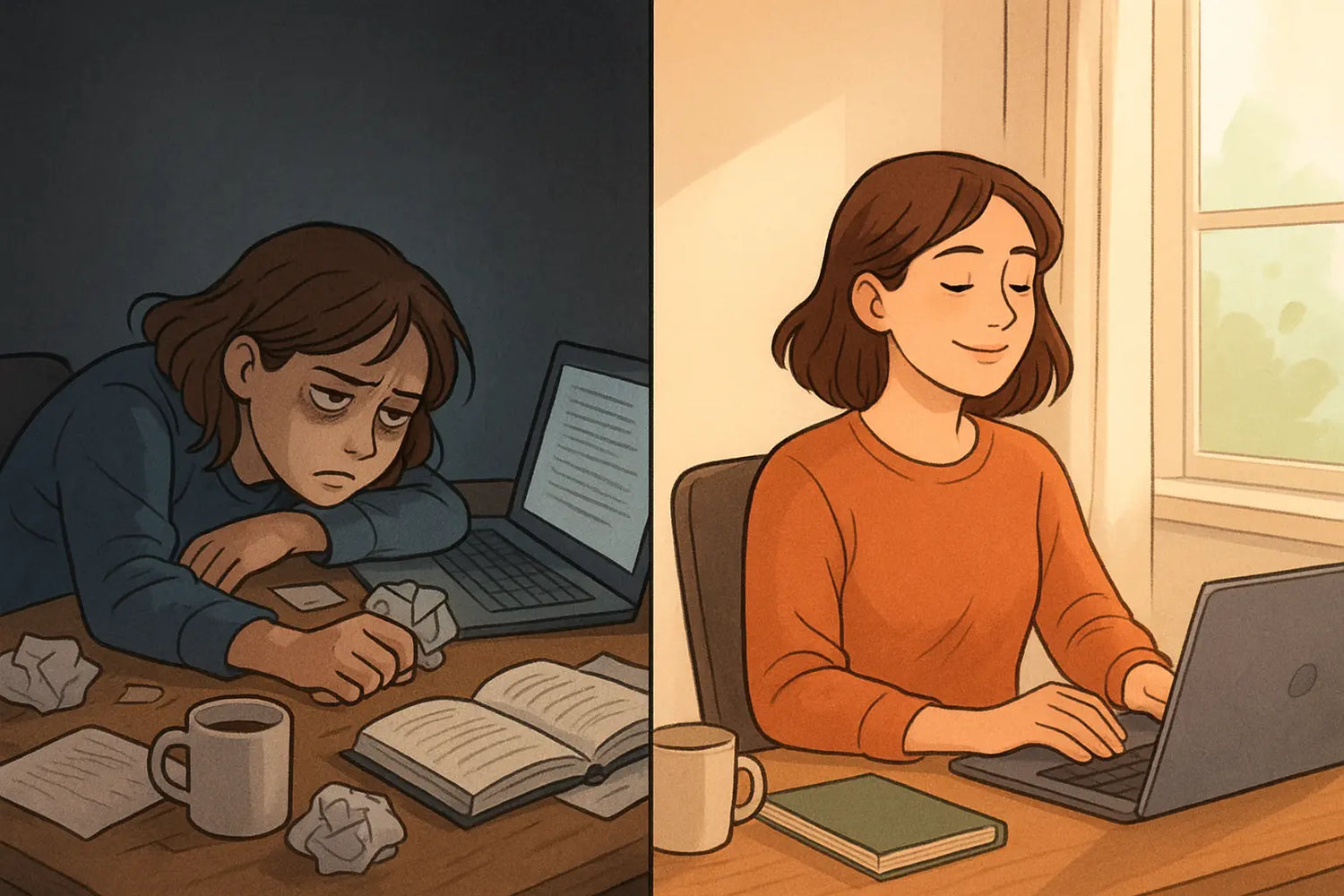 Split panel showing student's transformation from frustrated writing in a dark, messy room to calm, proud work in a bright, organised space