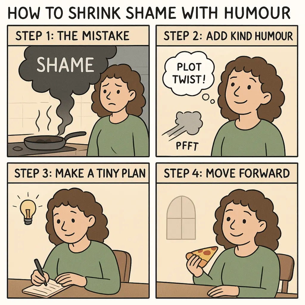 A young woman transforming from kitchen stress to peaceful pizza night through kind humour and self-compassion