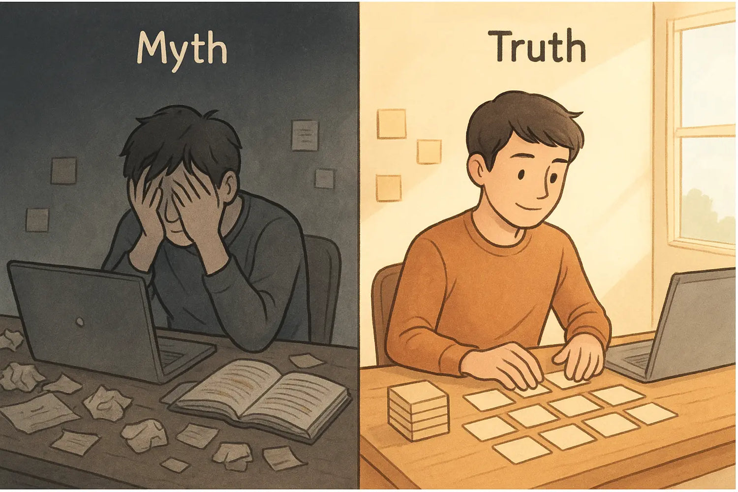 Student methodically organising neat index cards like building blocks on an organised desk with a laptop showing clear progress