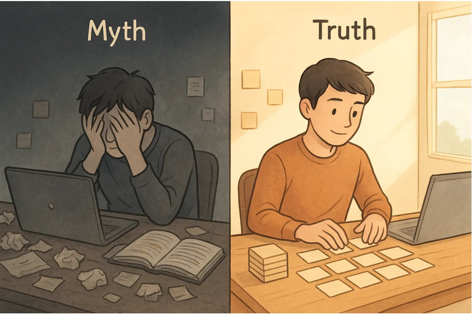 Student methodically organising neat index cards like building blocks on an organised desk with a laptop showing clear progress