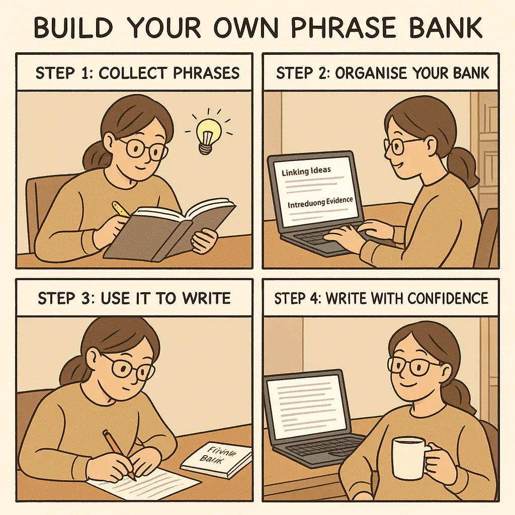 Four-panel comic showing a student creating and using a personal phrase bank to write essays with confidence and pride