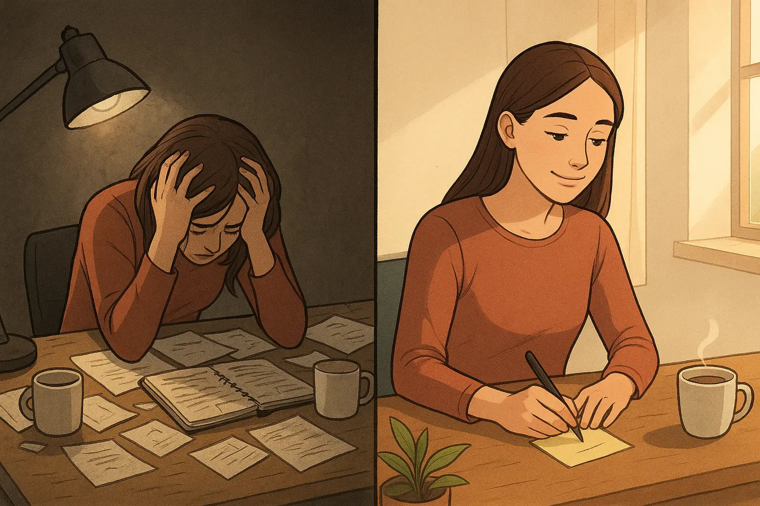 Split-panel showing woman's transformation from overwhelmed at cluttered desk to calm and focused while writing a clear task