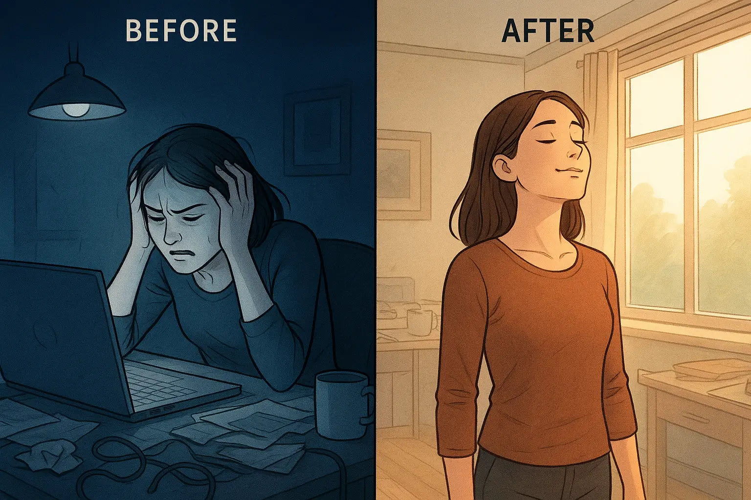 Before-and-after illustration showing a woman transforming from overwhelmed at a chaotic desk to calm by an open window with fresh air.