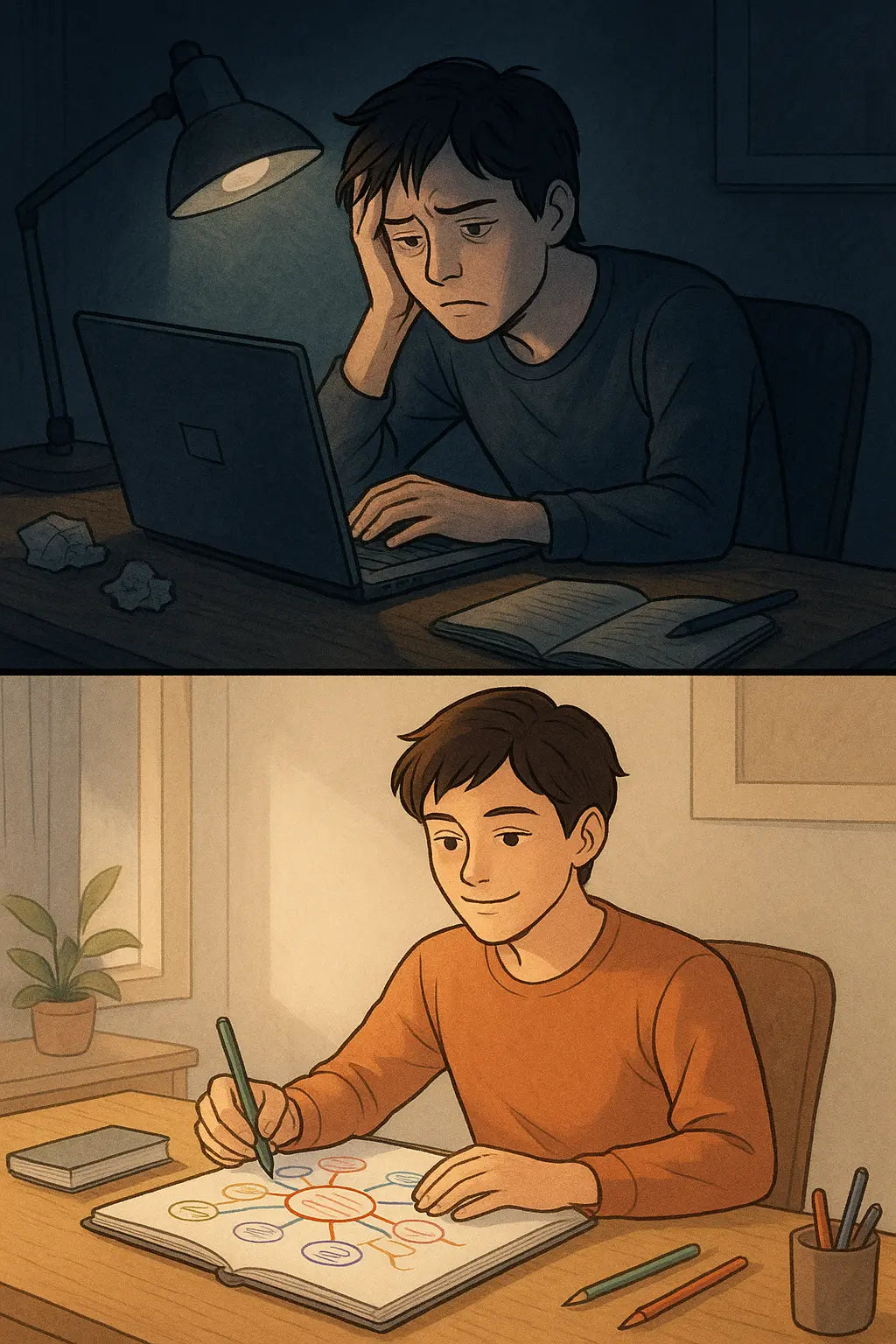 Split panel showing student transformation from frustrated typing to calm drawing of a colourful mind map