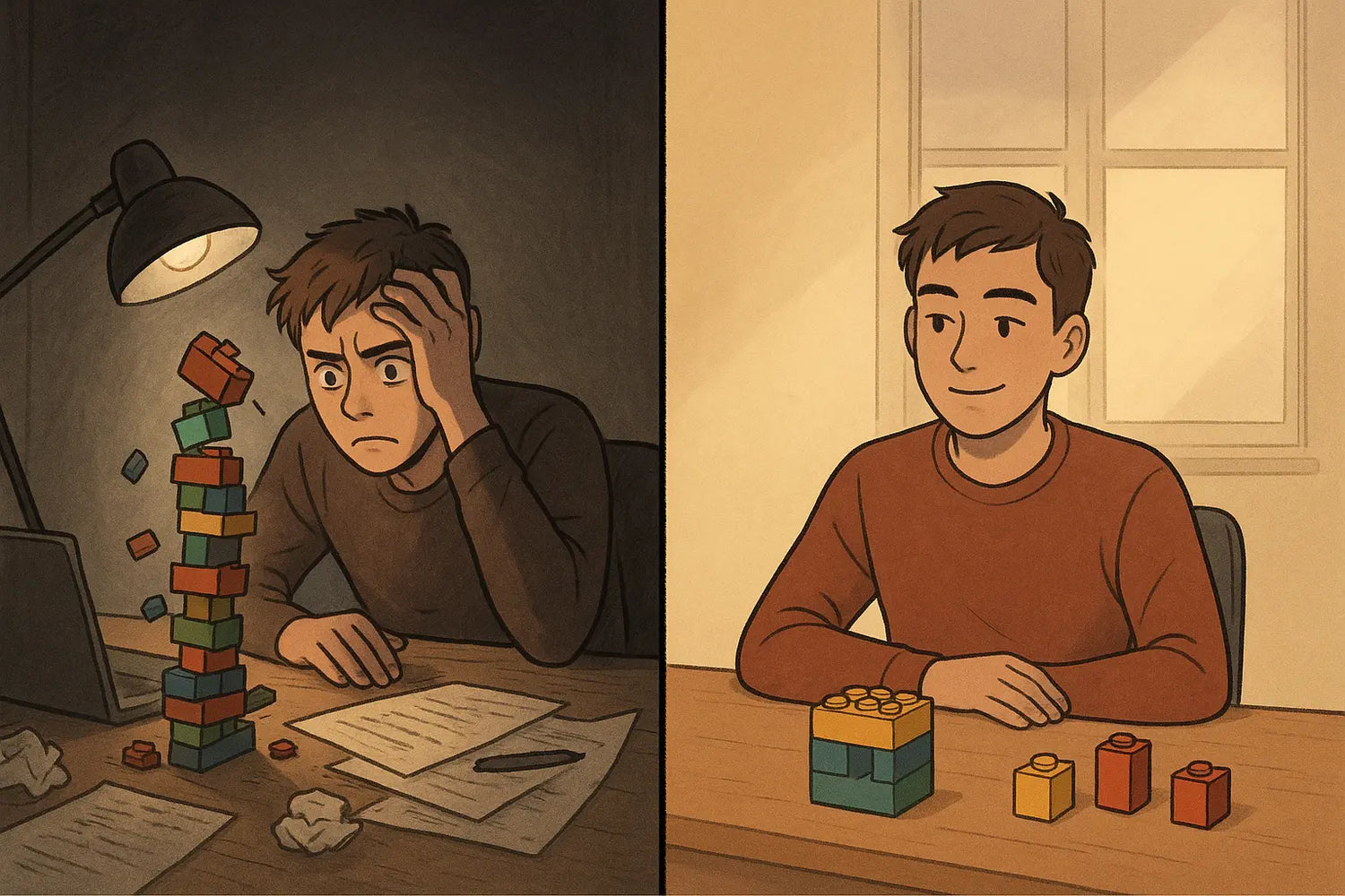 Split-panel illustration showing student's transformation from frustrated with collapsing Lego tower to confident with organised structures, representing weak to strong arguments