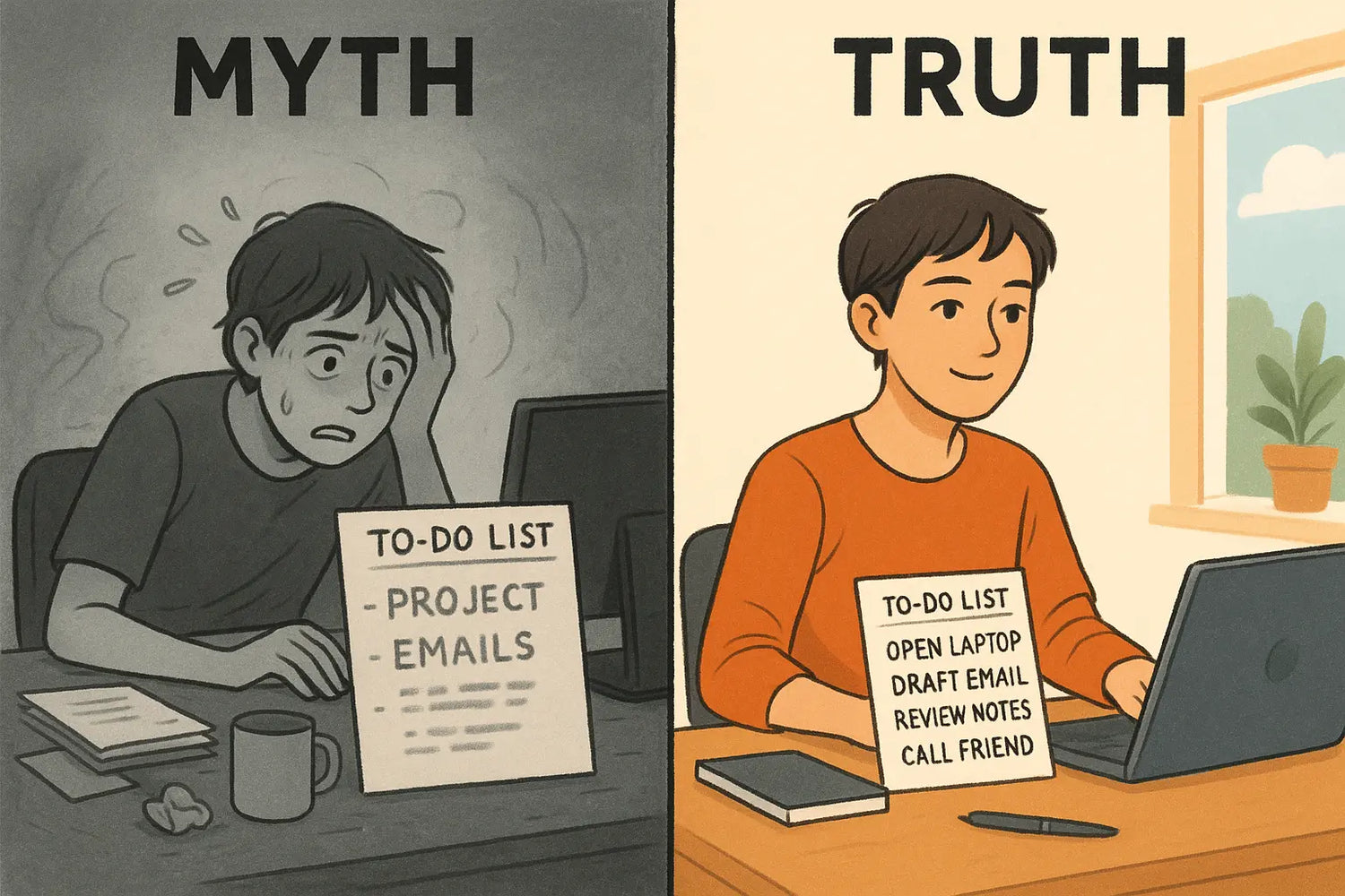 Side-by-side comparison showing a stressed person with vague tasks versus the same person calm and focused with verb-first actionable tasks